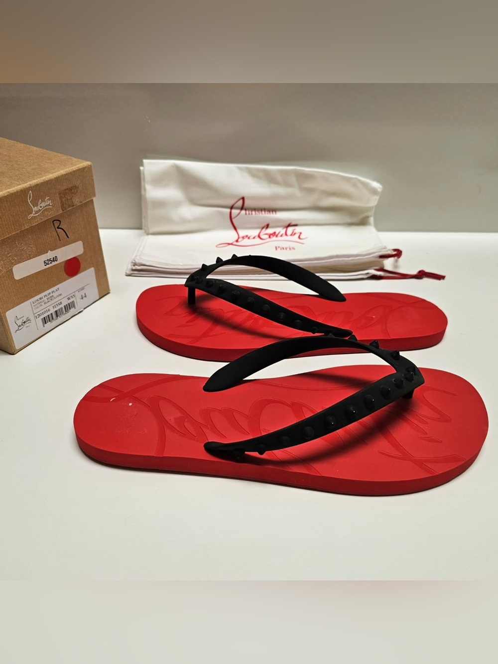 Christian Louboutin Men's Loubi Flip Flops Size 44 US 11  Black  W RED